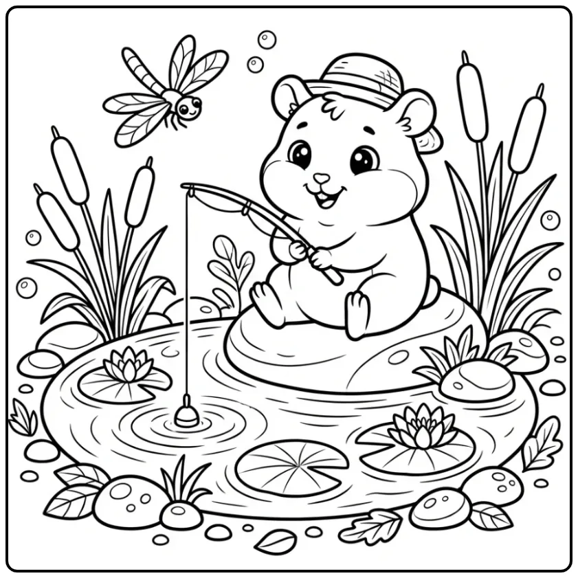 Baby Hamster coloring page fishing by a pond