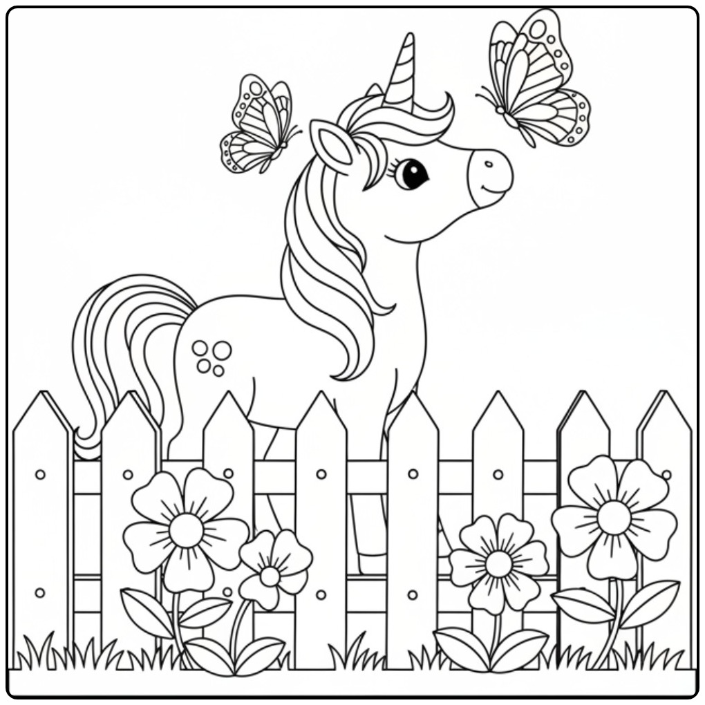 Cute Butterflies Unicorn and Flowers in the Sun coloring page