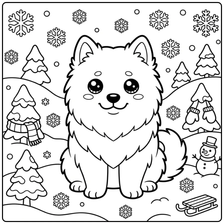Cute Winter Kawaii Dog with Snowflakes coloring page