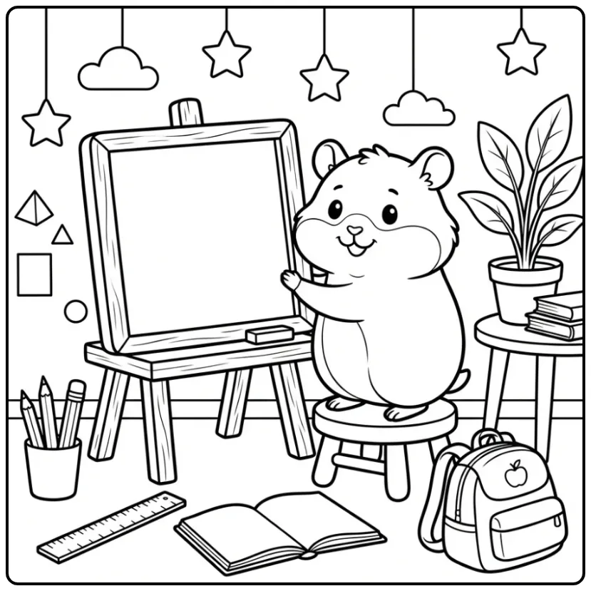 Cute Hamster coloring page in a classroom