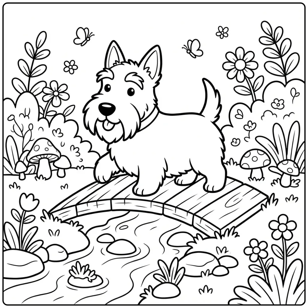 Scottish Terrier on a Wooden Bridge coloring page
