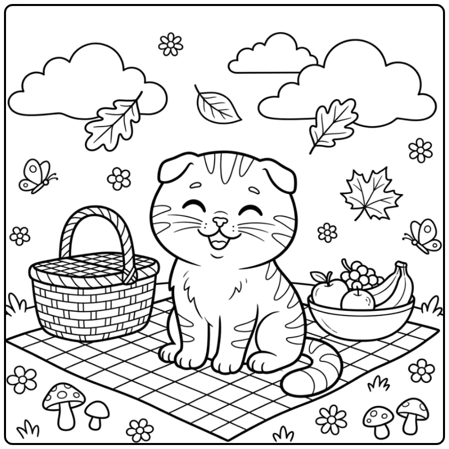 Cute Scottish Fold Kitten with a Fruit Basket coloring page