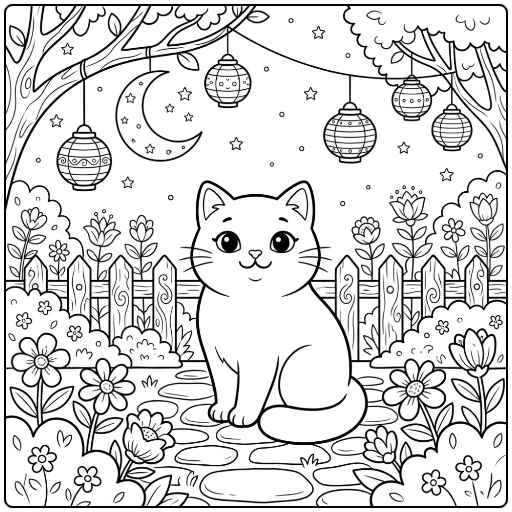 Adult Cat coloring page with lanterns