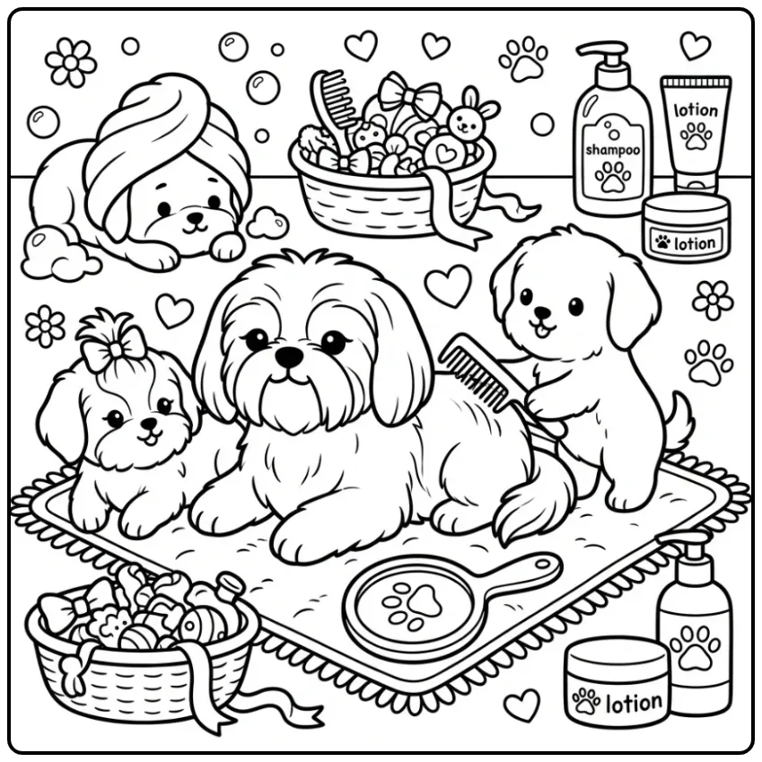 Shih Tzu Mother and Puppies Enjoying a Spa Day coloring page