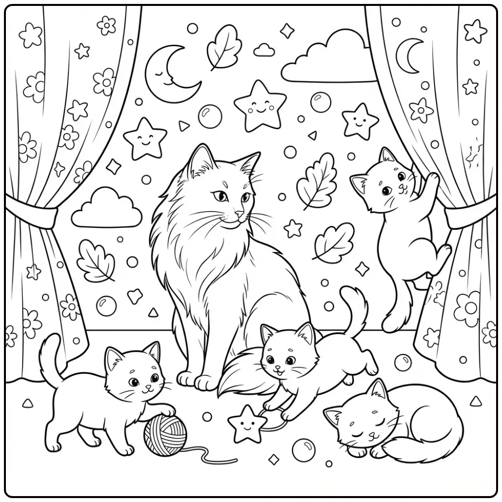 Graceful Balinese Cat with Kittens and Stars coloring page