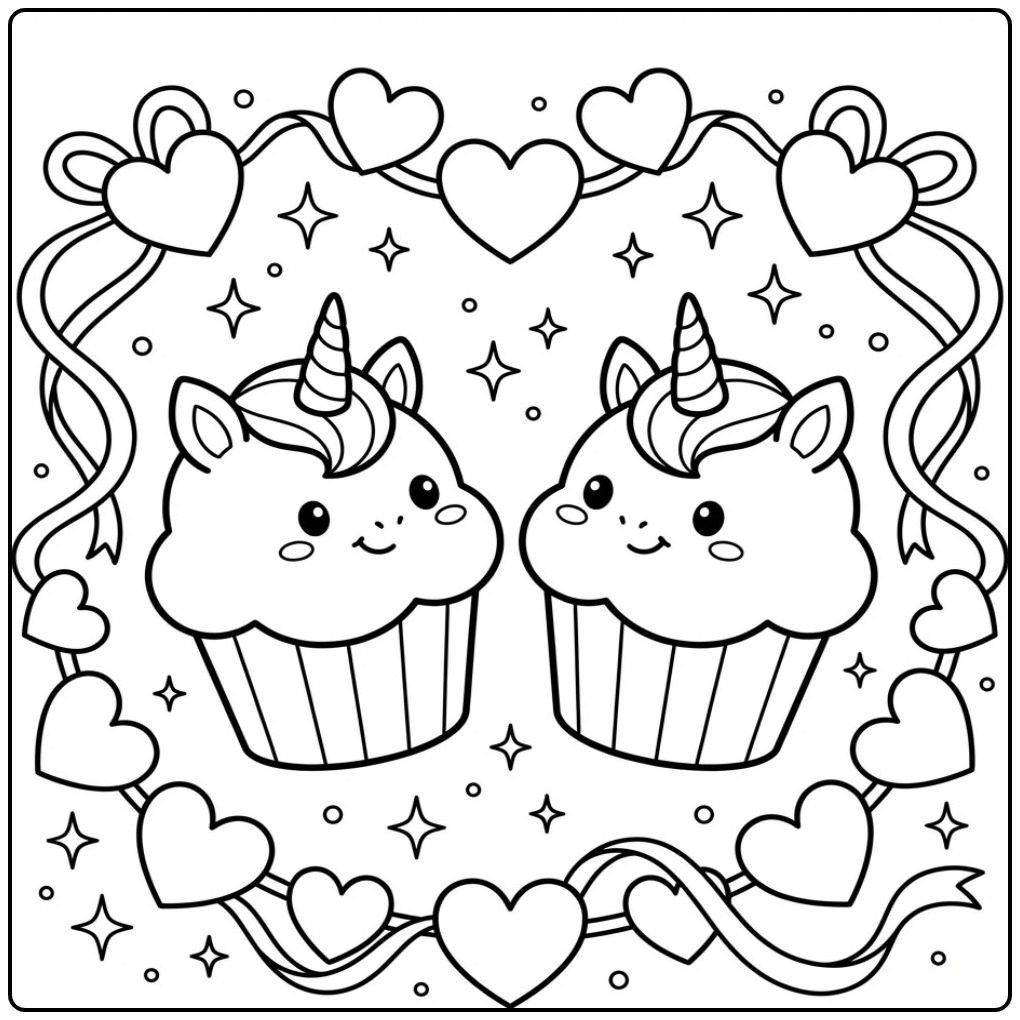 Graceful Valentine Unicorn Cupcake for Children coloring page