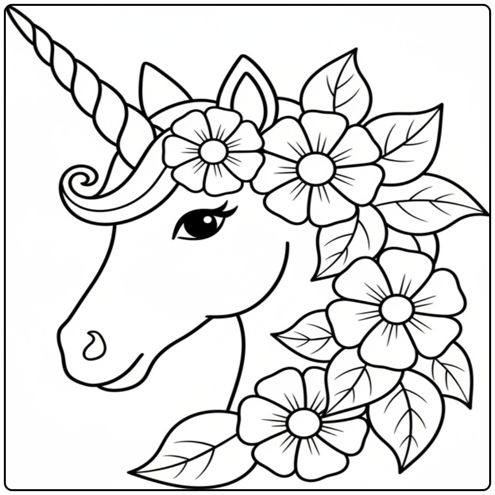 Simple Unicorn Head with a Beautiful Flower Crown coloring page