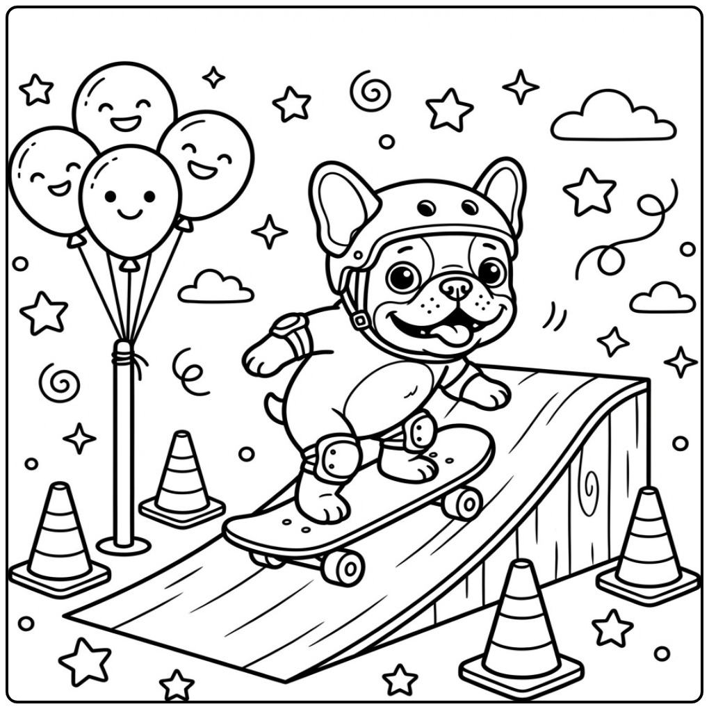 Skateboard Adventure French Bulldog on a Ramp coloring page
