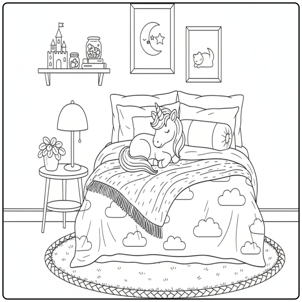 Sleeping Baby Unicorn in a Cozy Bedroom coloring page