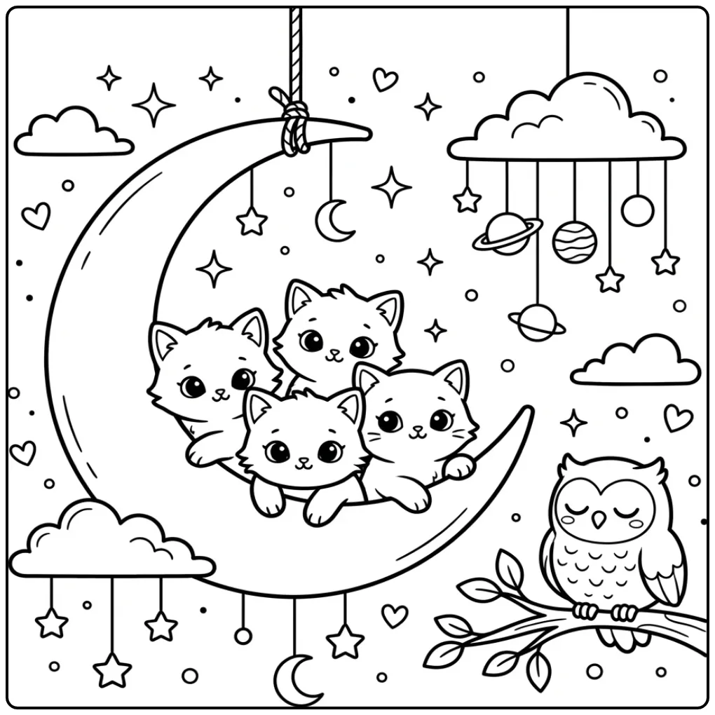 Cute Kittens Sleeping on the Moon coloring page