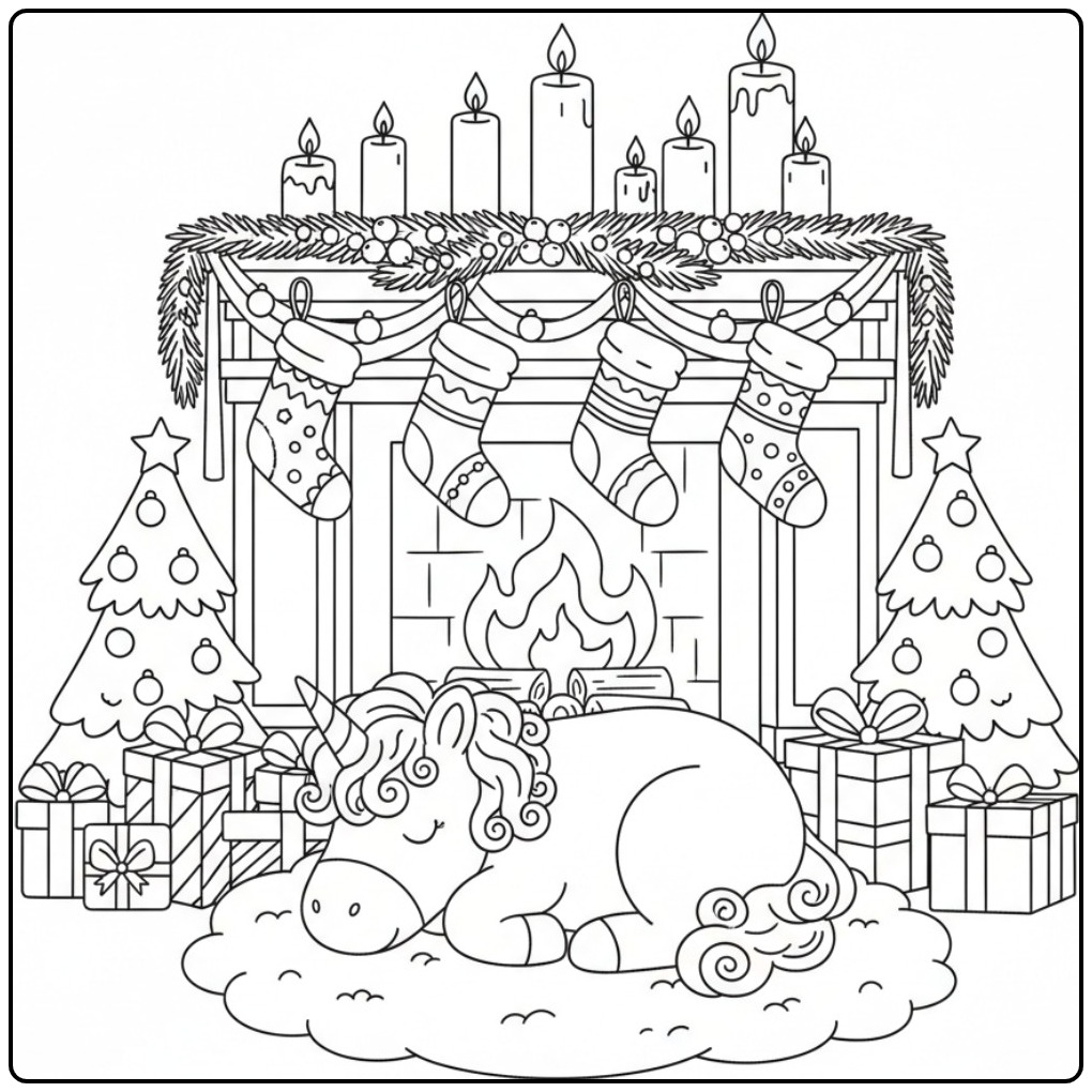 Sleeping Cute Unicorn Christmas coloring page