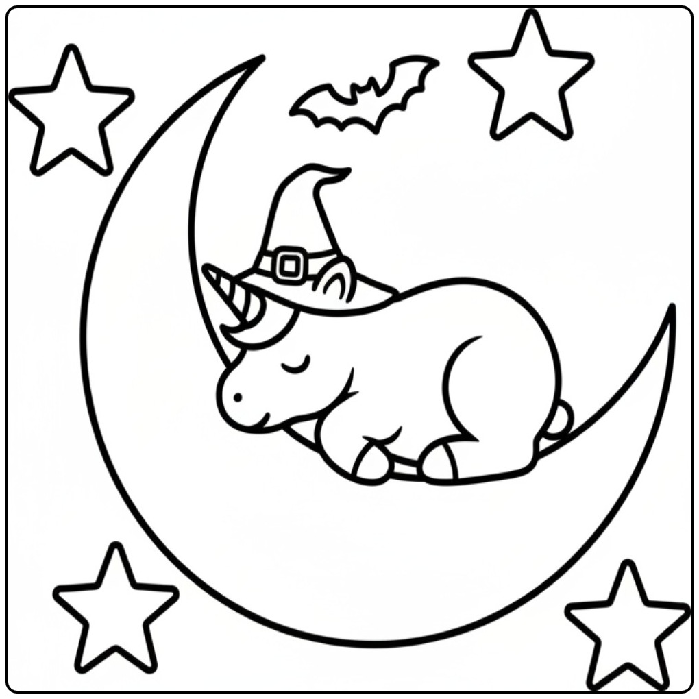 Sleeping Witch Unicorn Halloween Stars and Moon coloring page