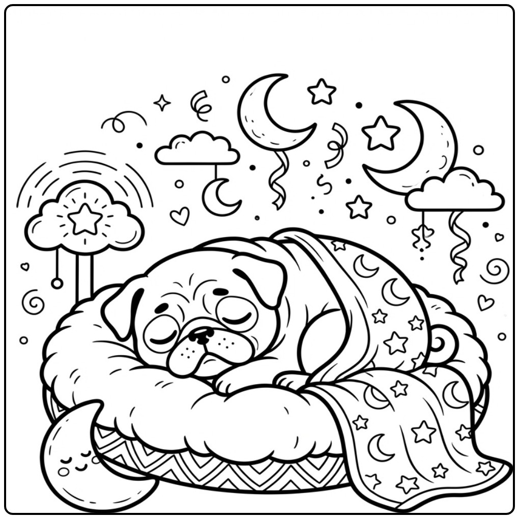 Sleeping Dog Pug Among Stars and Moons coloring page