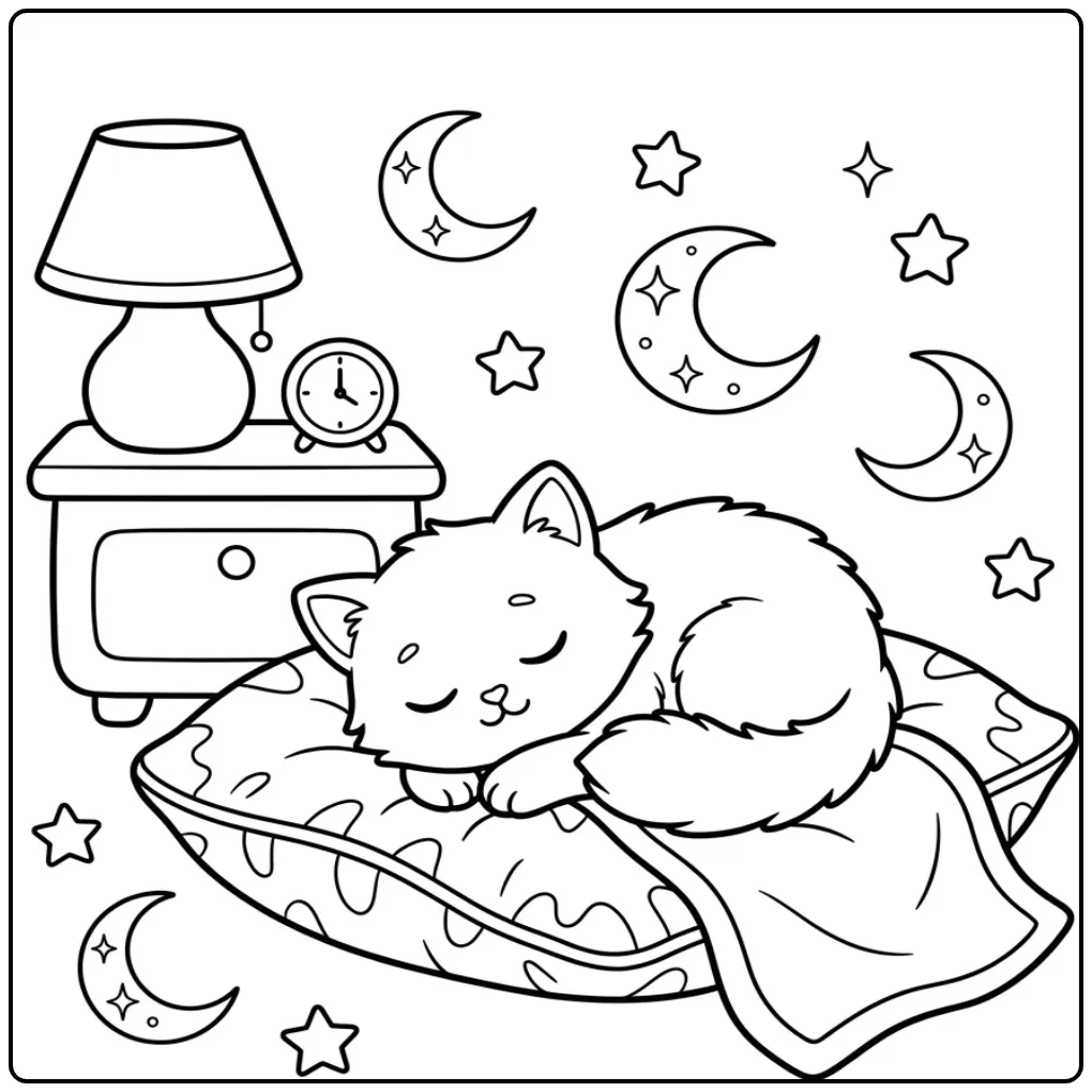 Sleeping Easy Kitten with Moons and Stars coloring page