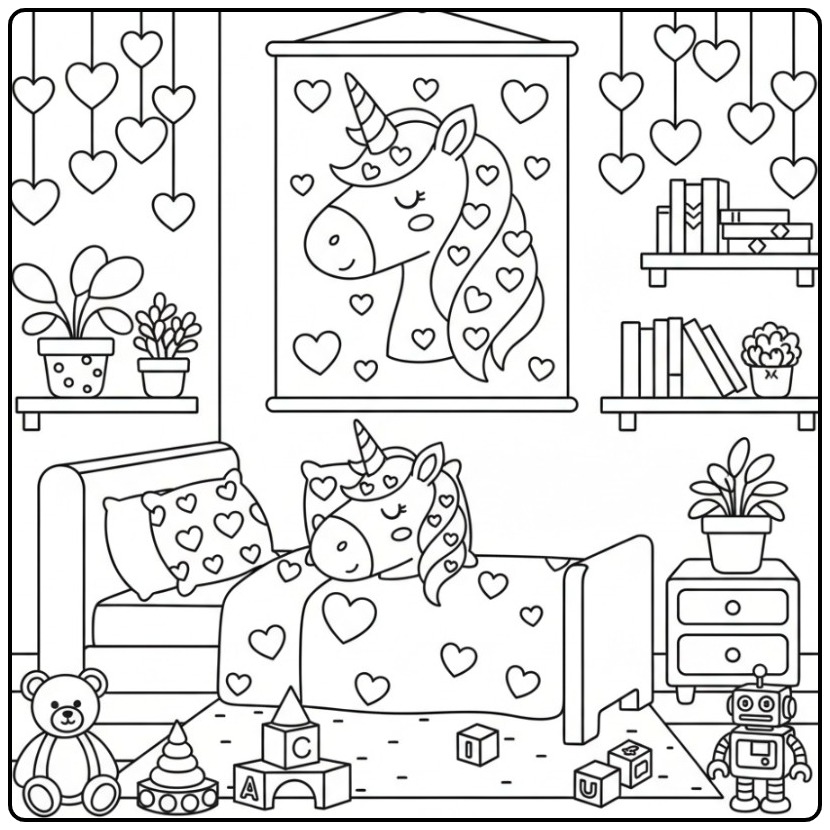 Sleeping Unicorn Head with Hearts coloring page