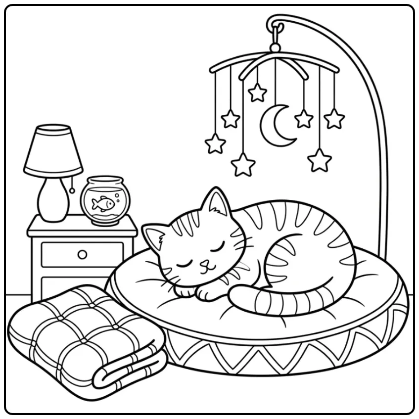 Cute Cat coloring page with a sleeping cat on a cushion