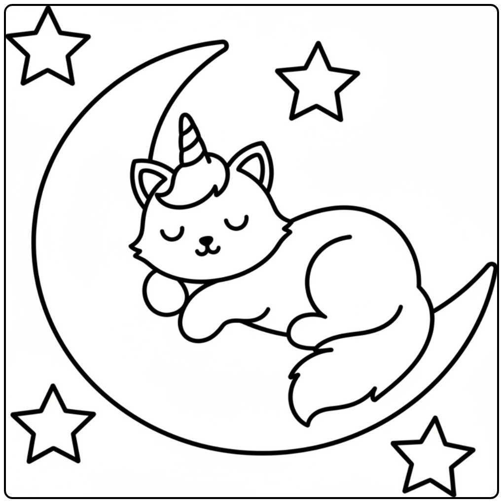 Sleeping on the Moon a Unicorn Cat coloring page