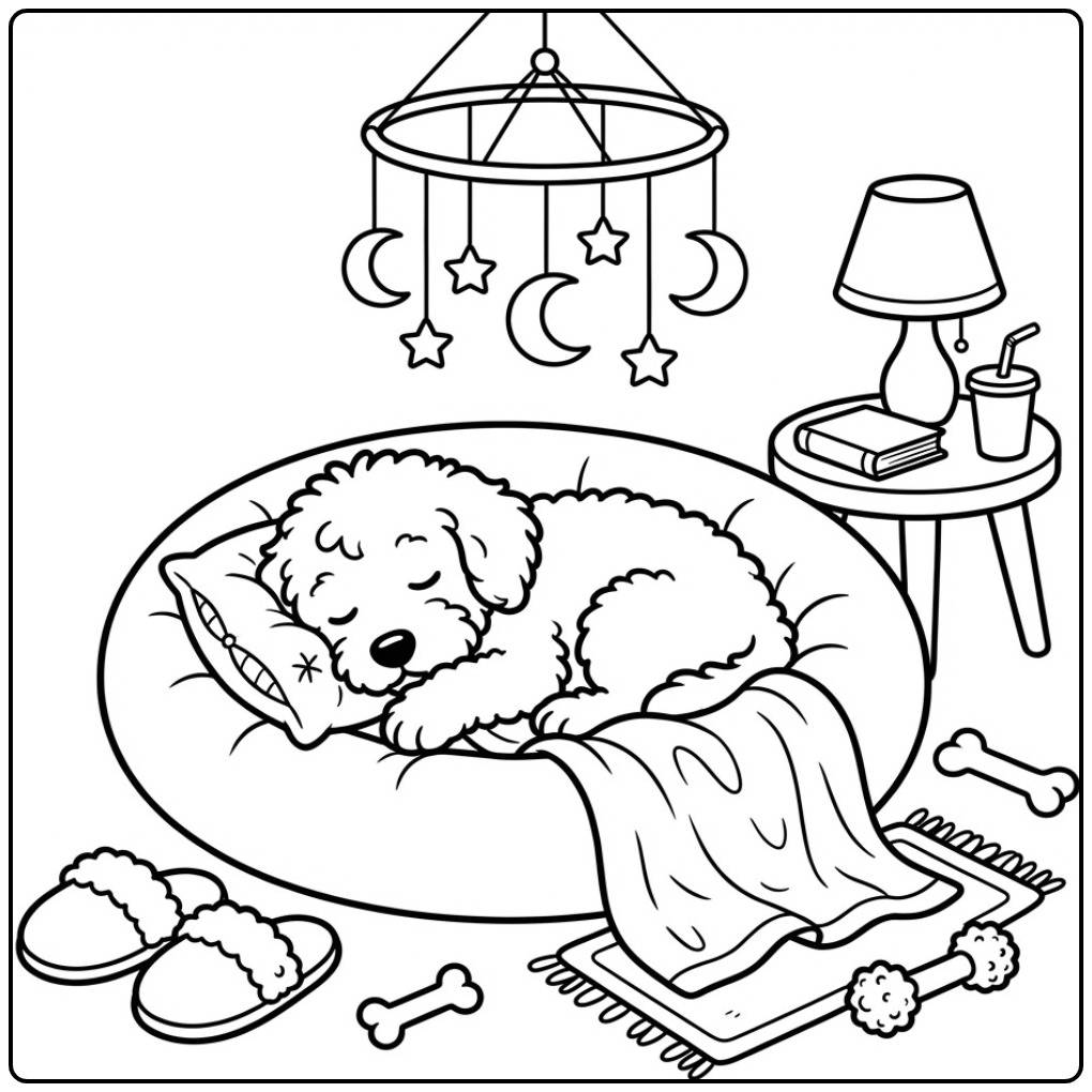 Sleeping Labradoodle Puppy in a Basket coloring page