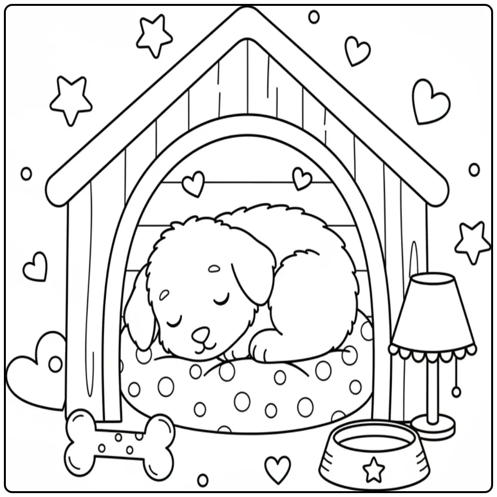 Sleepy Puppy Resting in a Cozy Doghouse coloring page