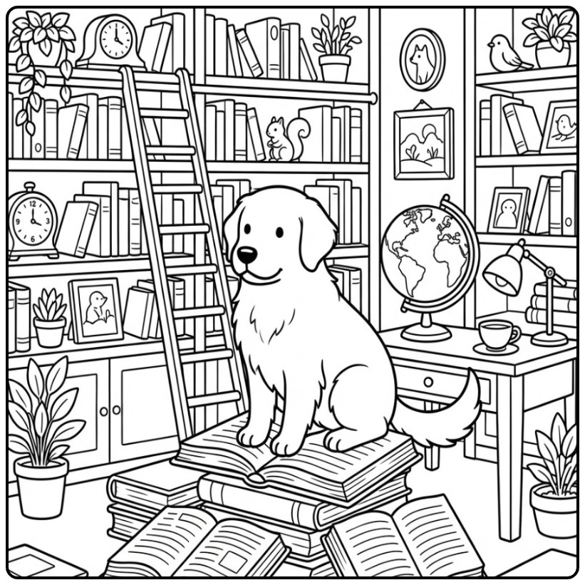 Clever Dog Golden Retriever Sitting on Books coloring page