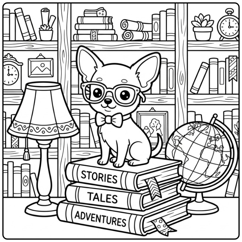 Clever Chihuahua Sitting on a Stack Books coloring page