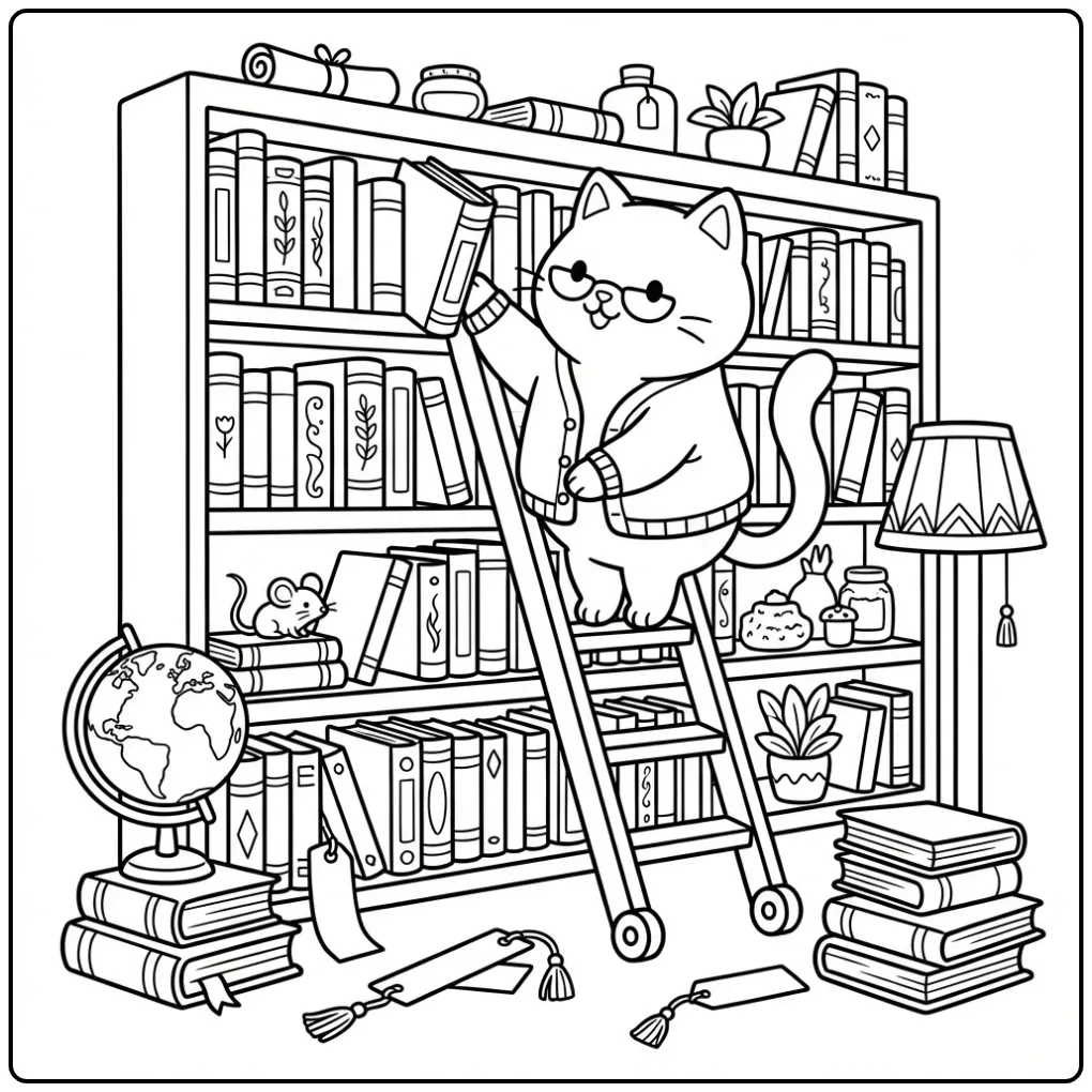 Difficult Cat coloring page in a library on a ladder