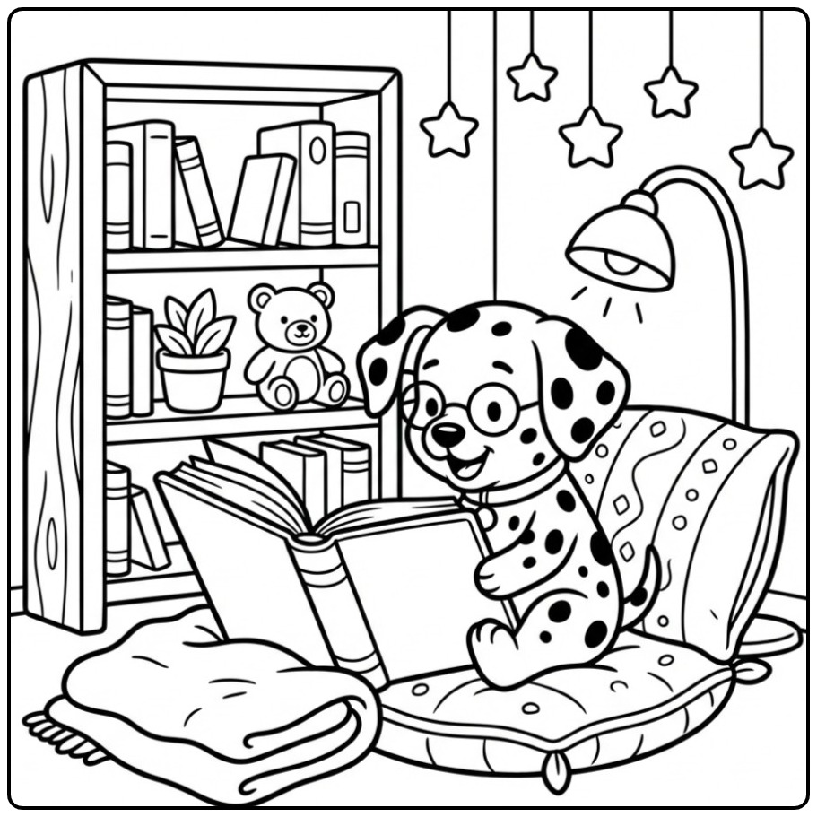Clever Puppy Dalmatian Reading with Glasses coloring page
