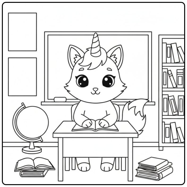 Clever Student Unicorn Cat Practicing in the Class coloring page