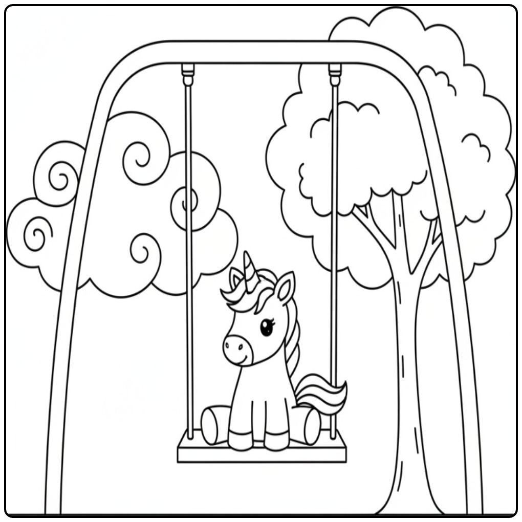 Playful Baby Unicorn Swings Under a Tree coloring page