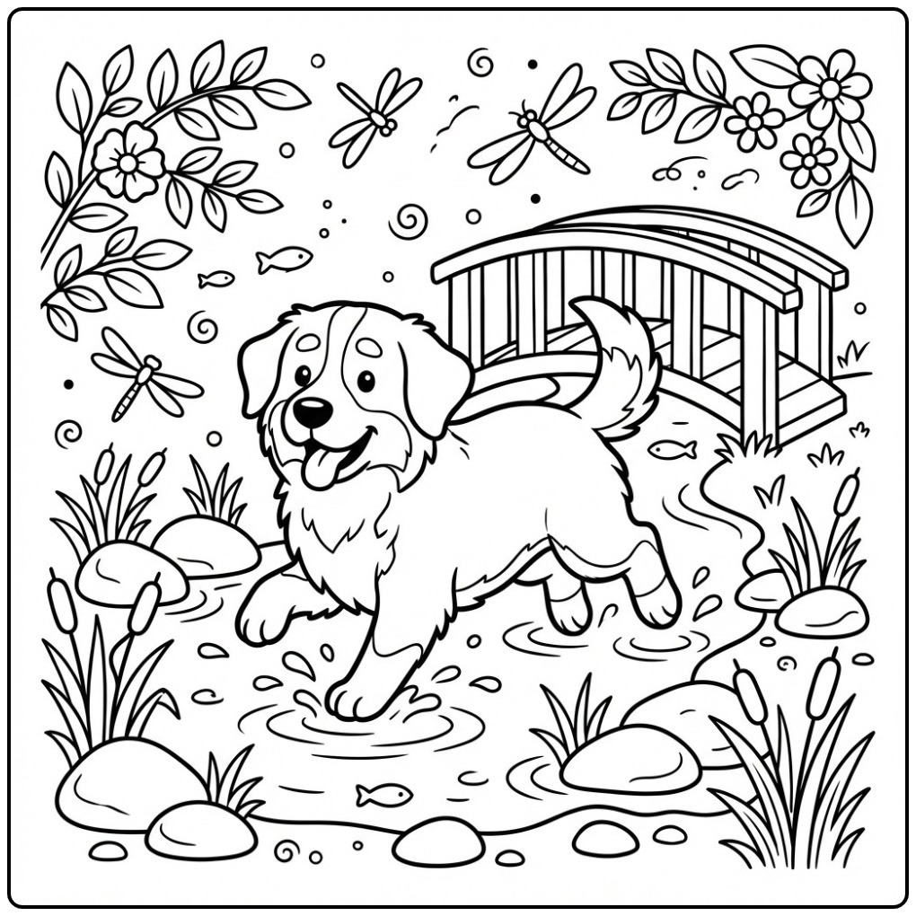 Bernese Mountain Dog Playing by a Bridge coloring page
