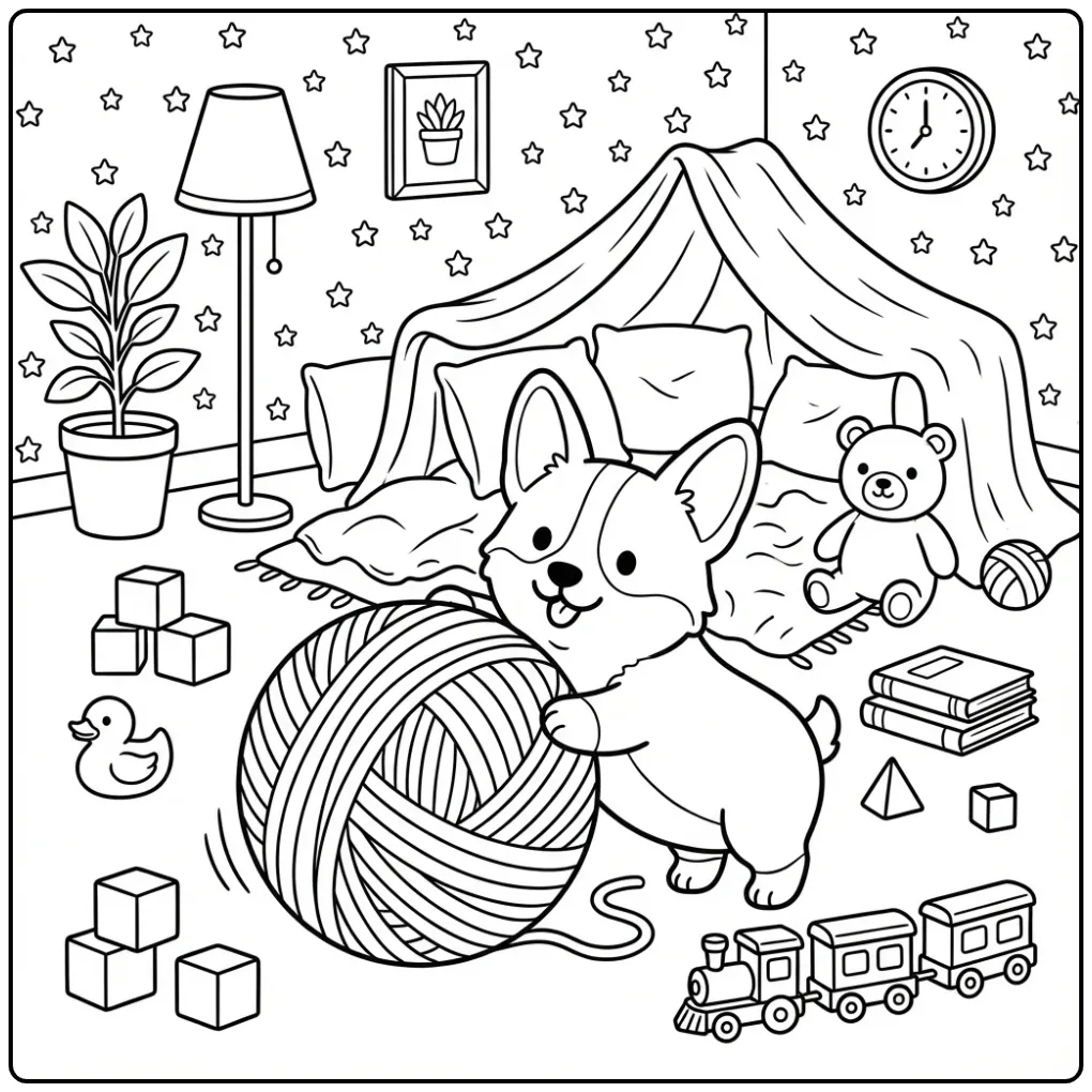 Playful Corgi Puppy with Yarn coloring page
