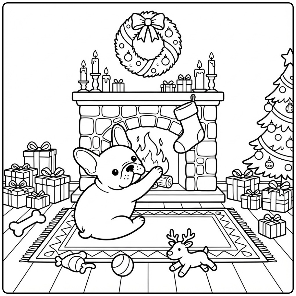 French Bulldog Christmas Dog by the Fireplace coloring page