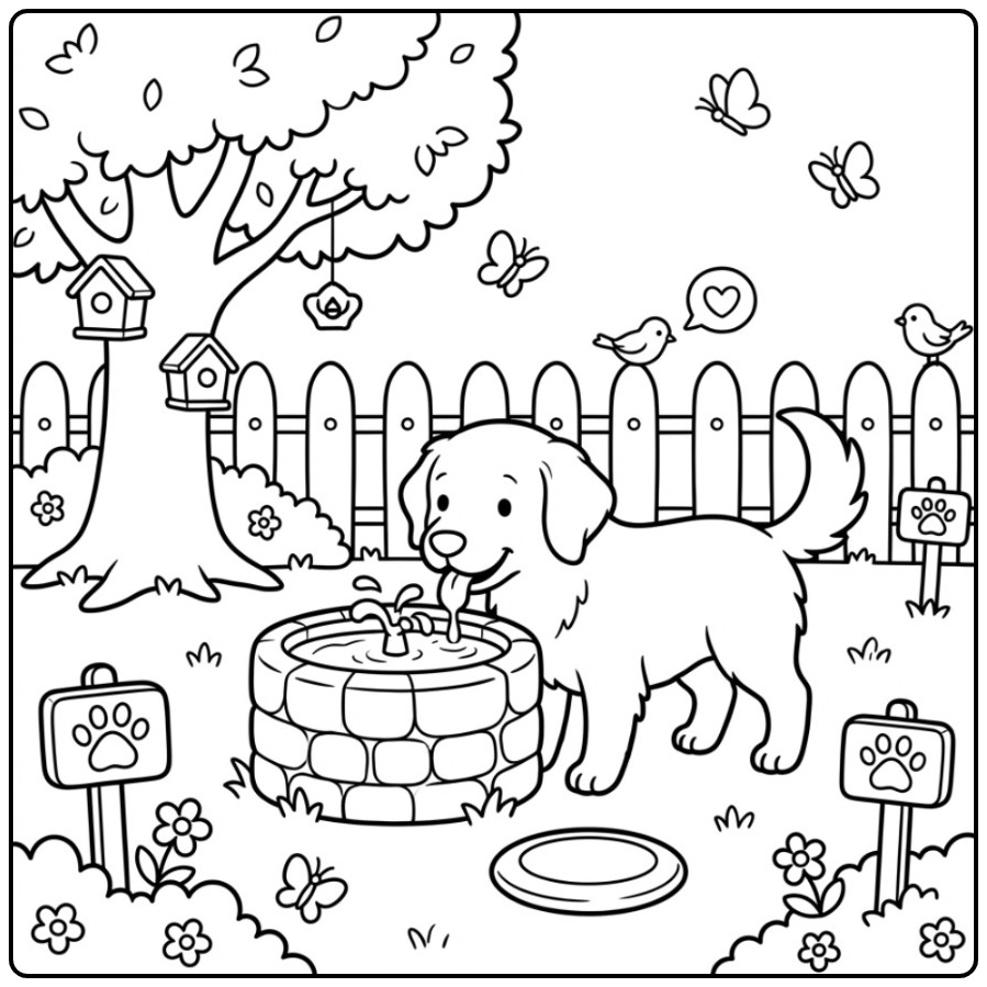 Playful Dog Golden Retriever in the Backyard coloring page