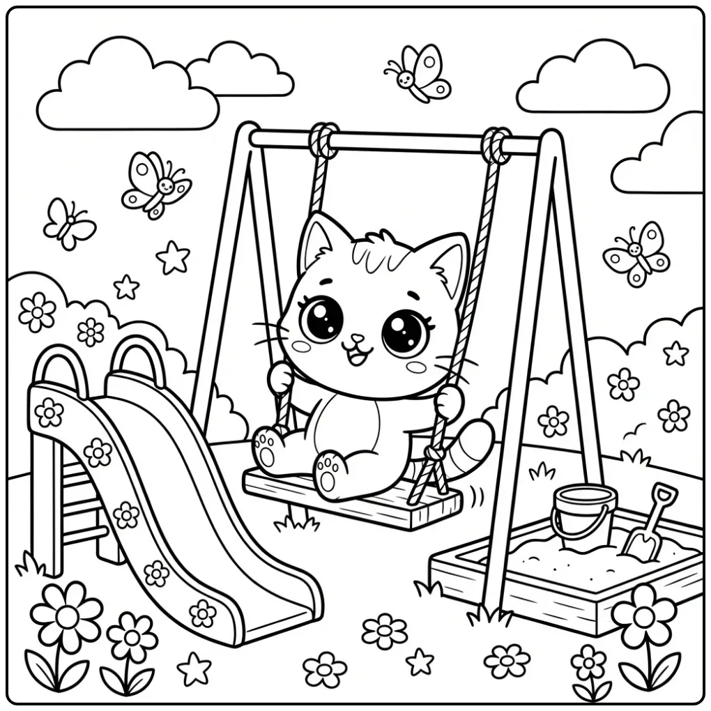 Playful Kawaii Kitten on the Playground coloring page