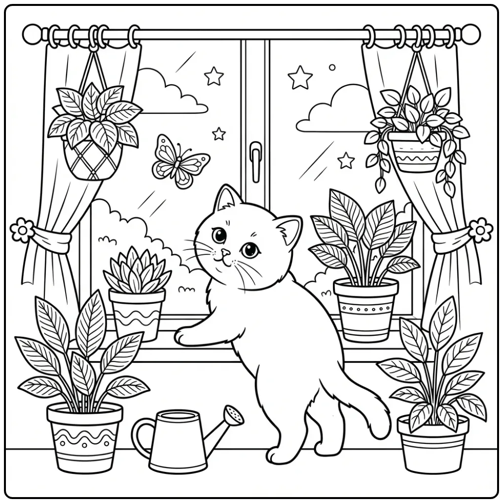 British Shorthair coloring page on a windowsill