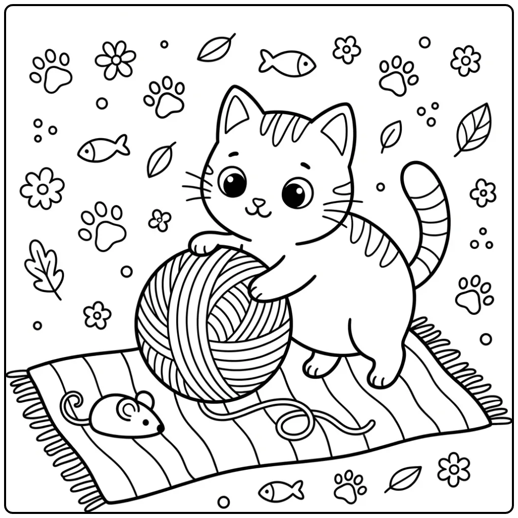 Playful Easy Kitten with a Ball of Yarn coloring page