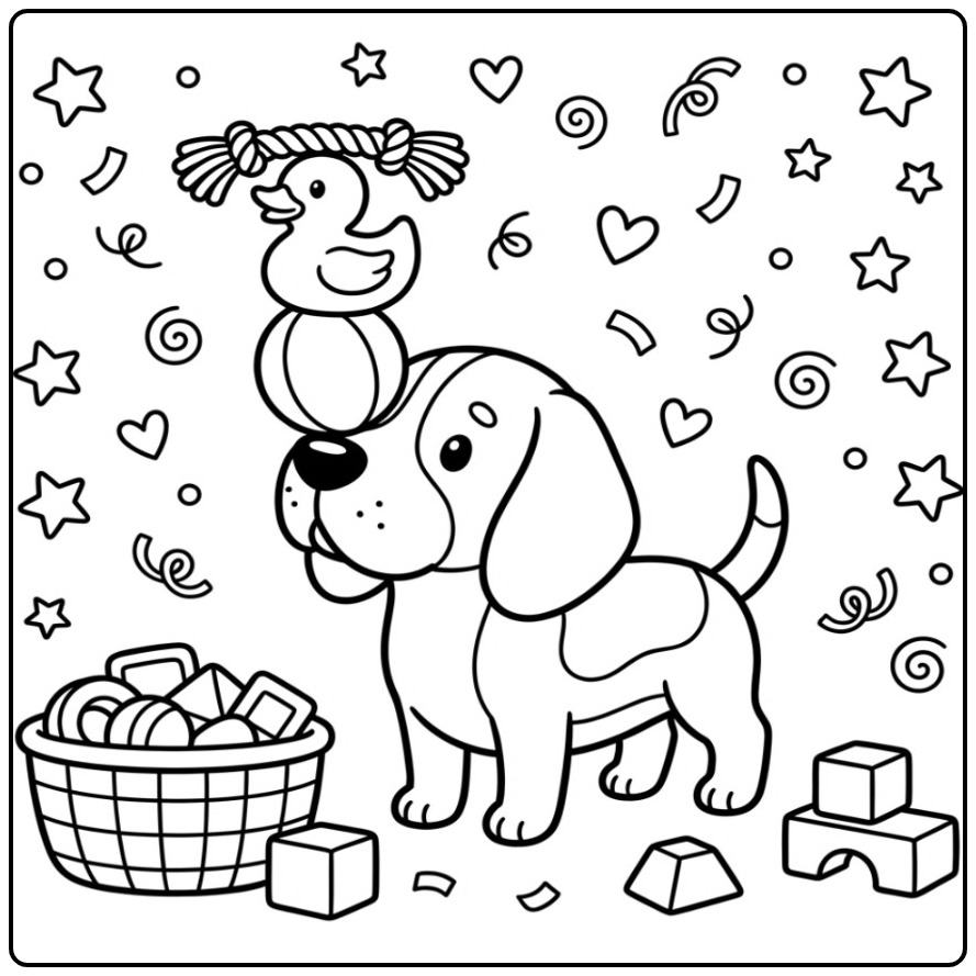 Playful Beagle with a Tower of Toys coloring page