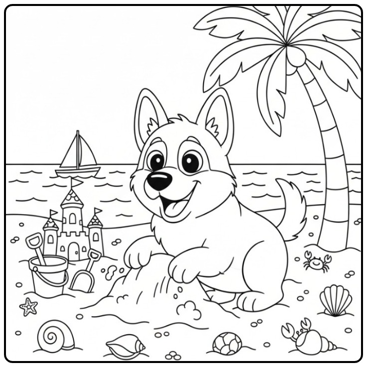 Playful German Shepherd with a Large Sand Castle coloring page