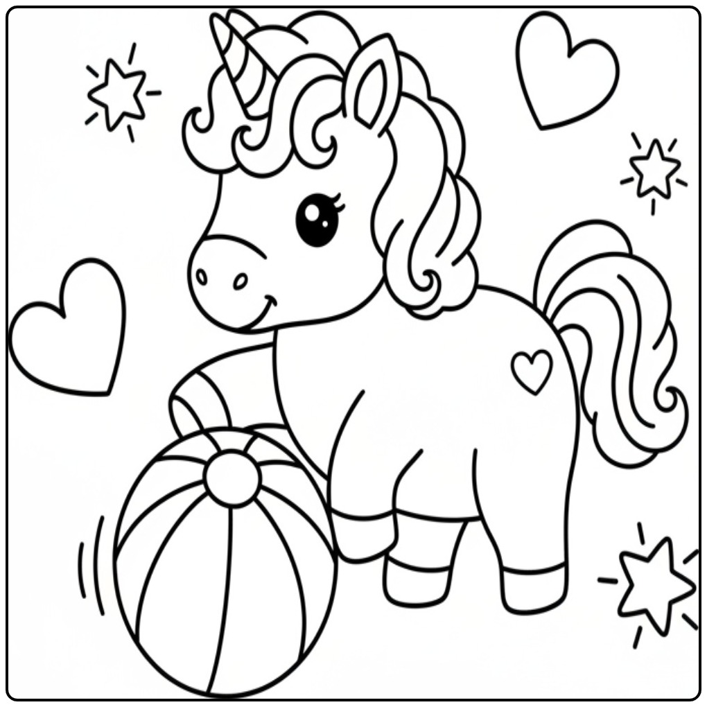 Playful Unicorn Cute and a Bouncing Ball coloring page