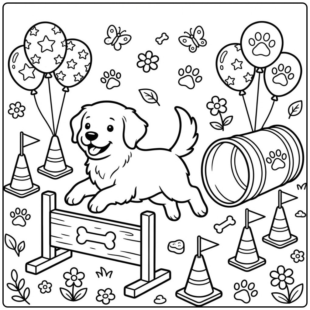 Playful Golden Retriever Pup Jumping Over a Hurdle coloring page