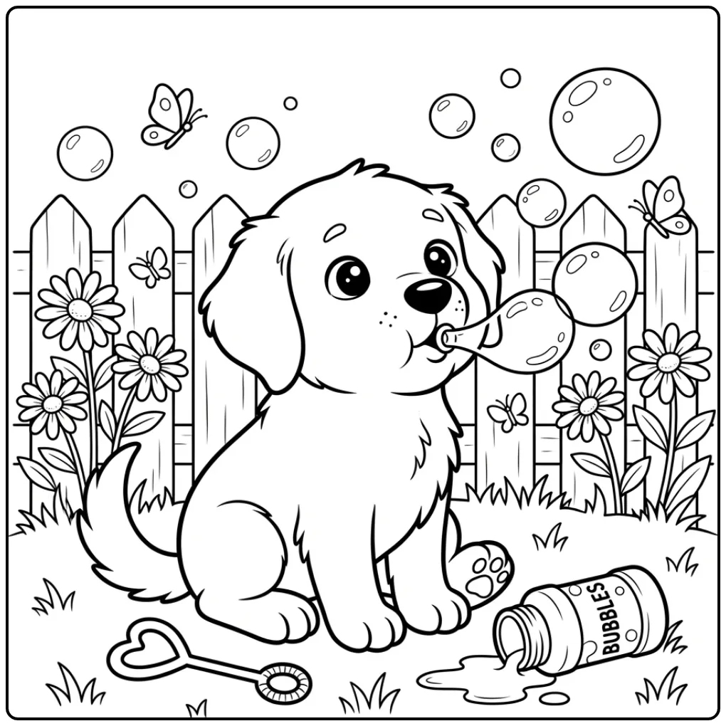 Playful Golden Retriever Puppy in the Garden coloring page