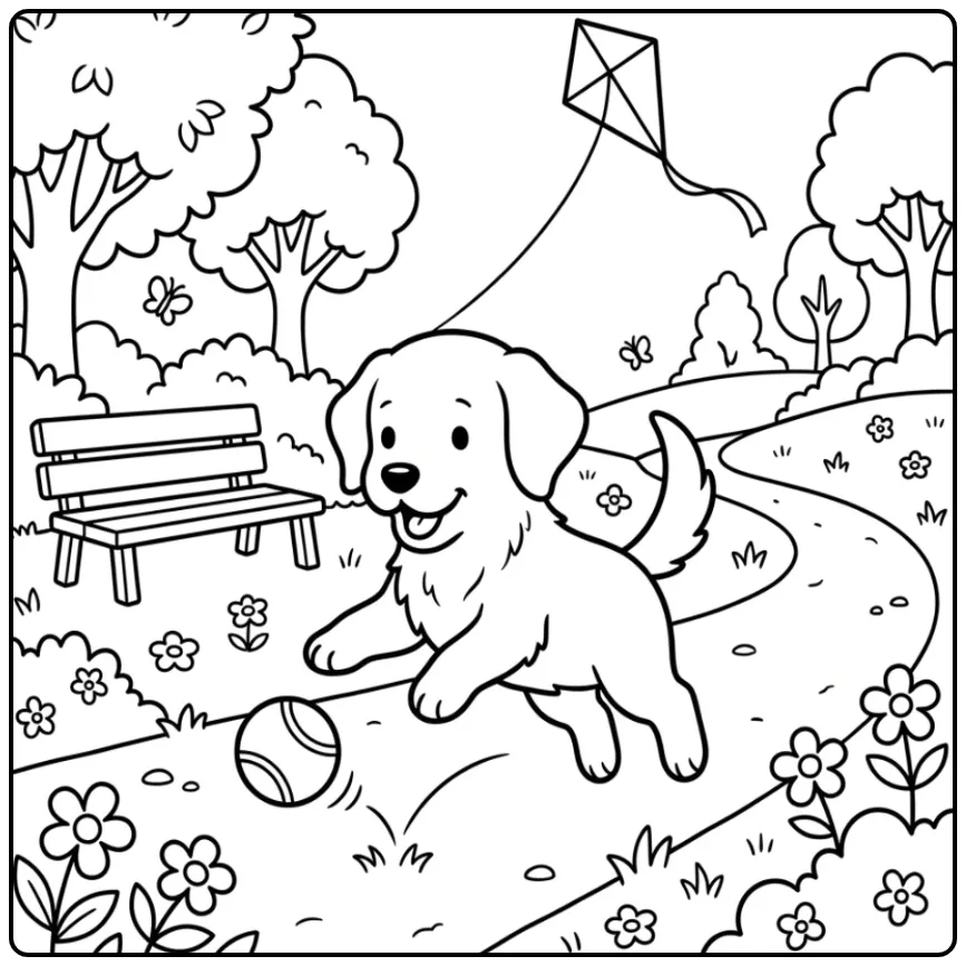 Playful Golden Retriever Puppy Catching Ball Outside coloring page