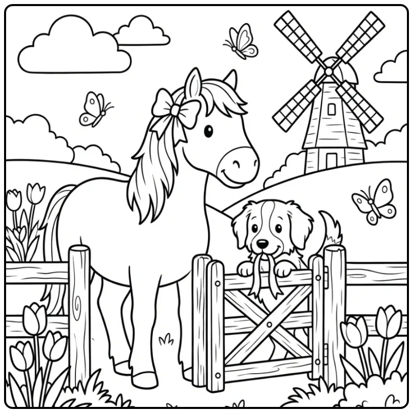 Kooikerhondje and Horse by a Farm Fence coloring page