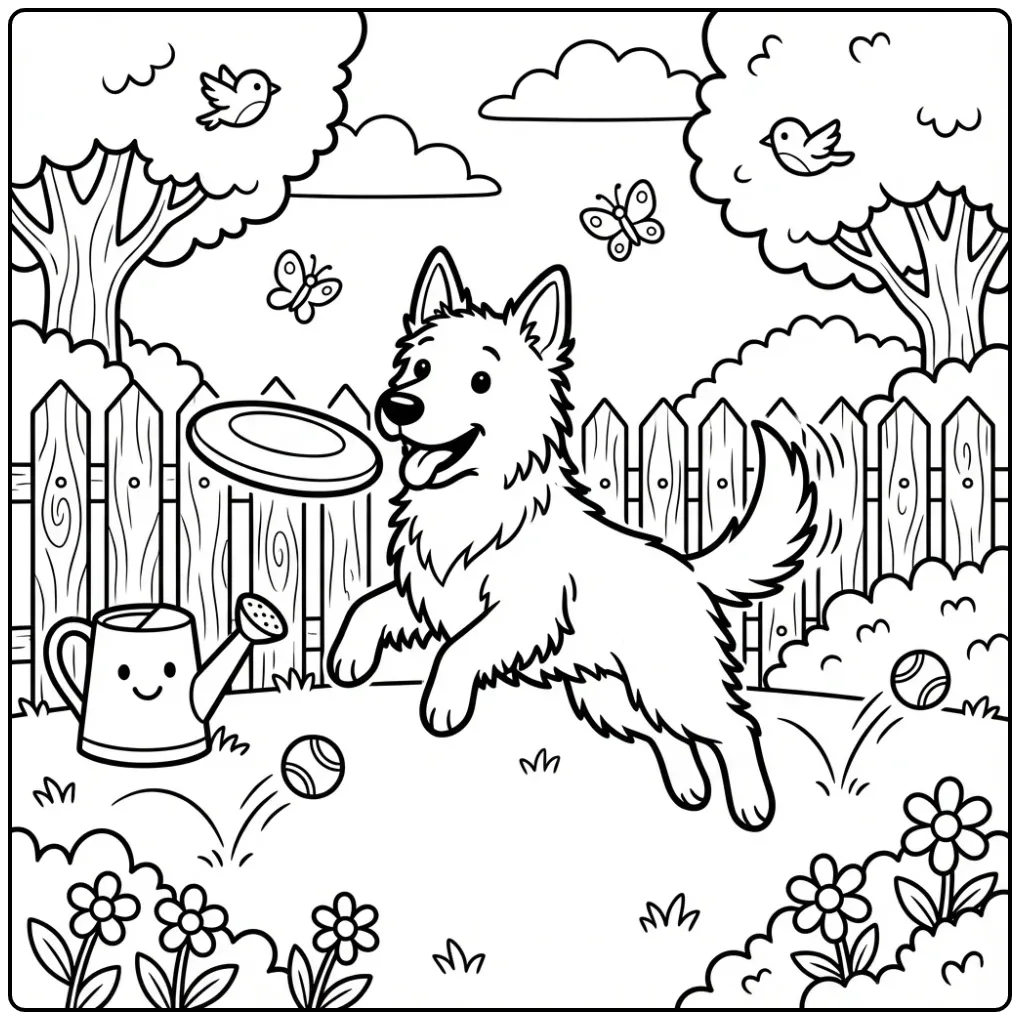 Dutch Shepherd Catching a Frisbee in the Backyard coloring page