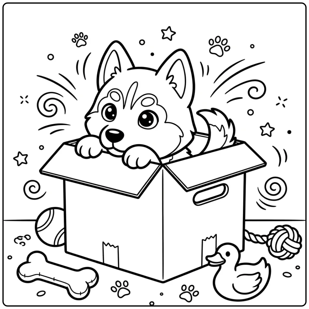 Husky Puppy in a Box with Toys coloring page