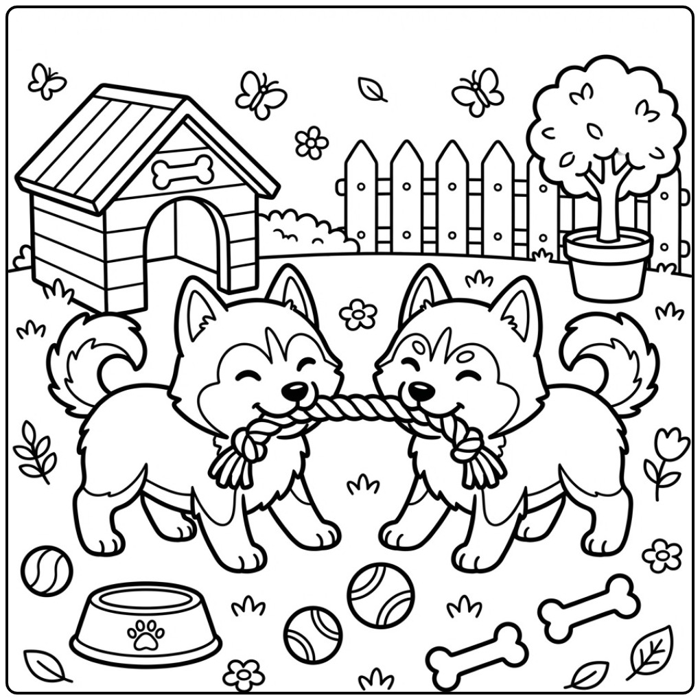 Two Husky Puppies Playing Tug of War coloring page