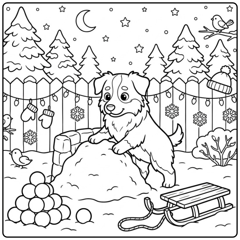 Australian Shepherd Christmas Dog Building a Snow Fort coloring page