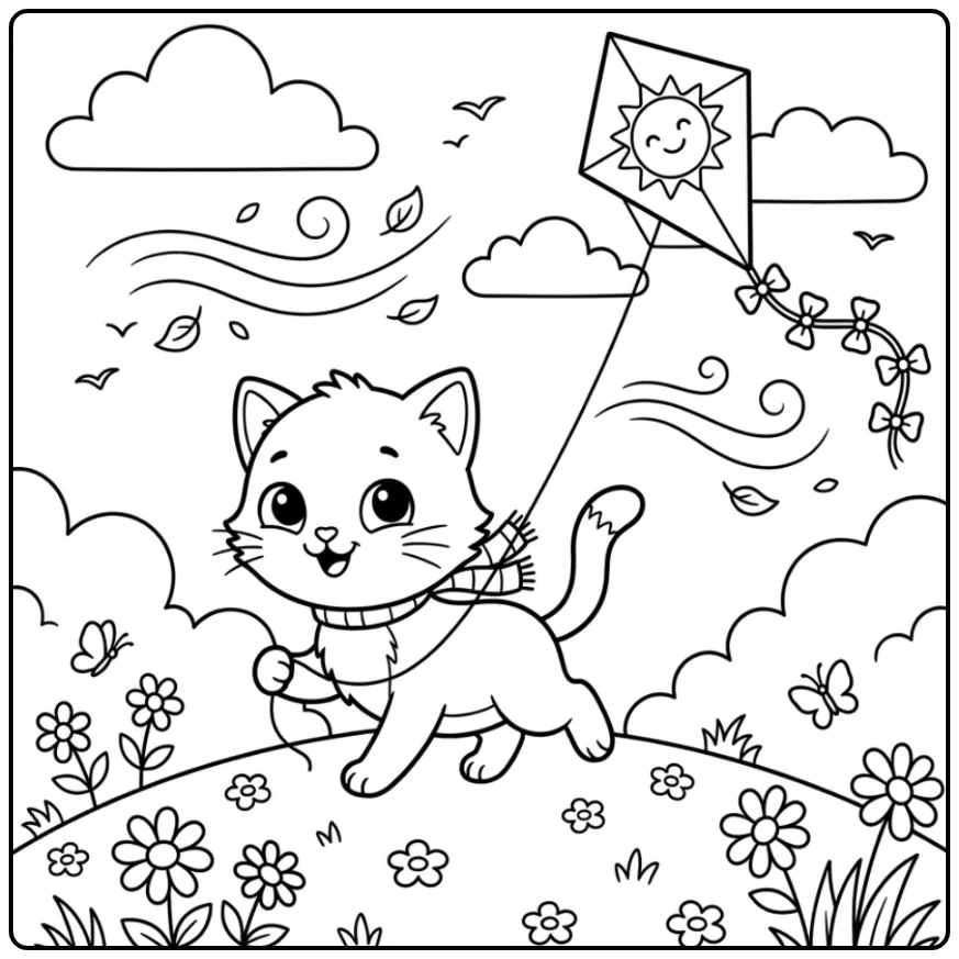 Playful Kitten with a Kite in the Clouds coloring page