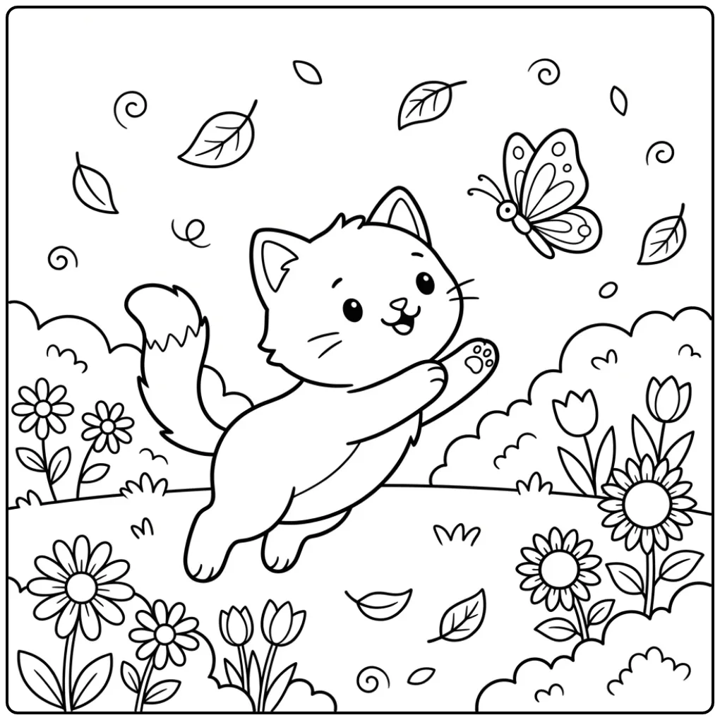Playful Kitten with a Butterfly in the Garden coloring page