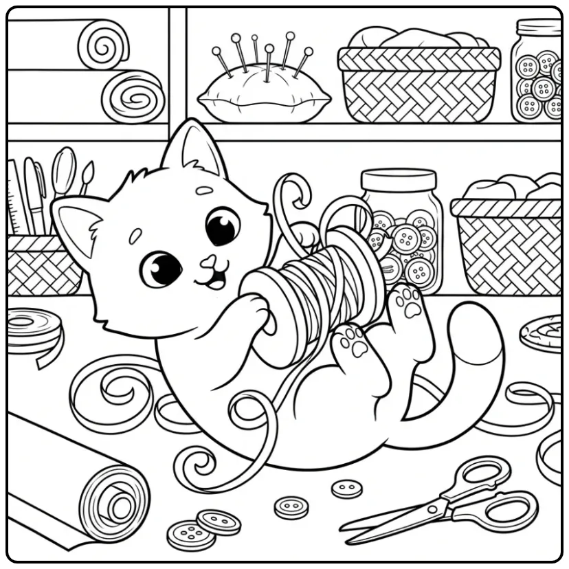 Difficult Kitten coloring page with thread and ribbons